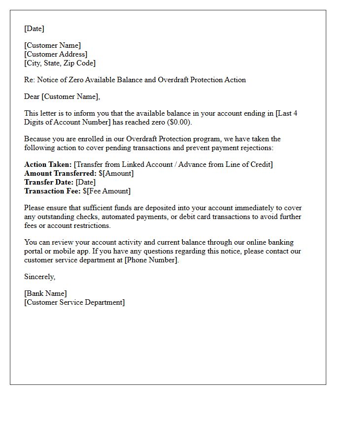 Zero Available Balance Overdraft Protection Letter