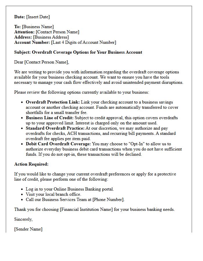 Business Account Overdraft Coverage Options Letter