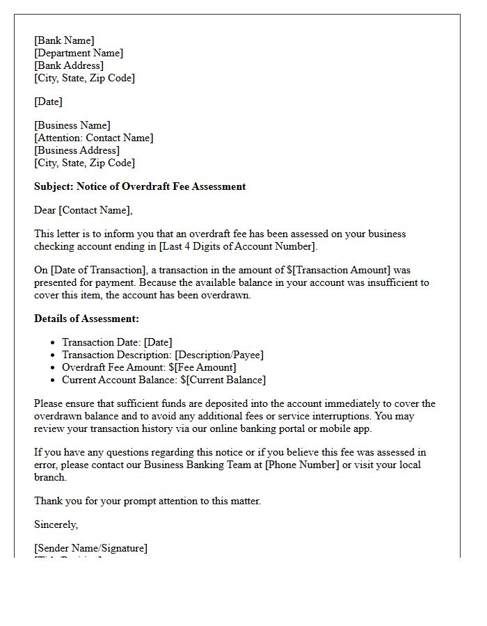 Business Account Overdraft Fee Assessment Letter