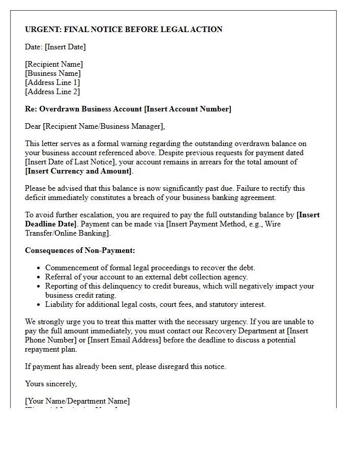 Business Account Overdraft Legal Action Warning Letter