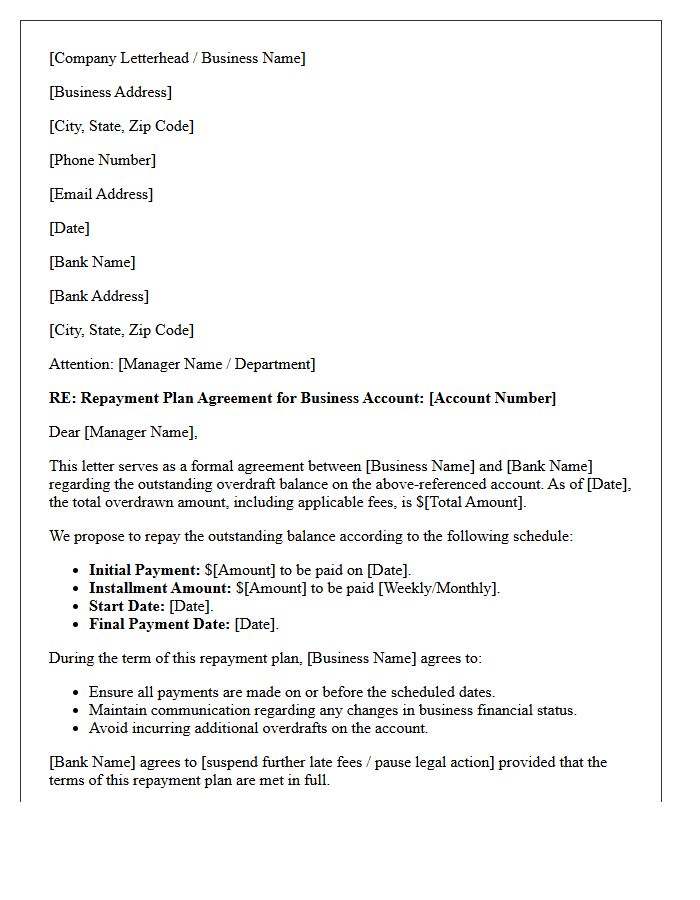 Business Account Overdraft Repayment Plan Agreement Letter