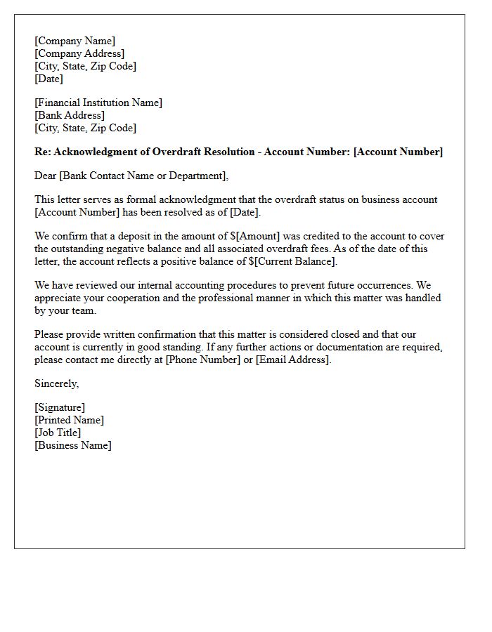 Business Account Overdraft Resolution Acknowledgment Letter
