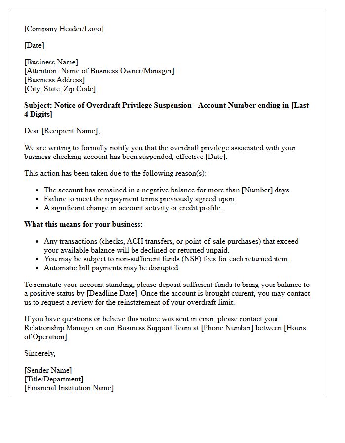 Business Account Overdraft Suspension Notice Letter