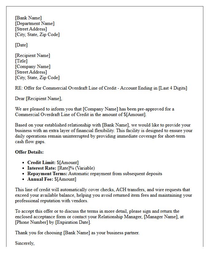 Commercial Account Overdraft Line Of Credit Offer Letter