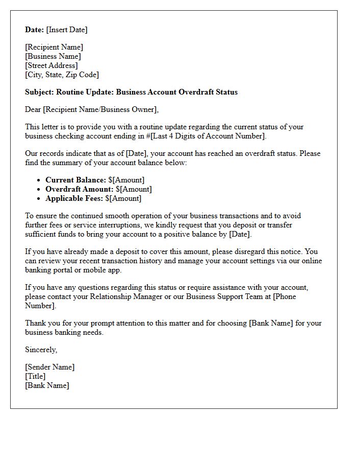 Routine Business Account Overdraft Status Update Letter