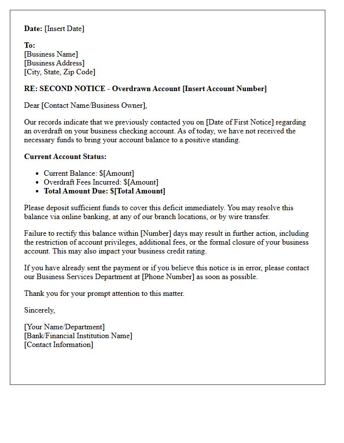 Second Notice Business Account Overdraft Letter