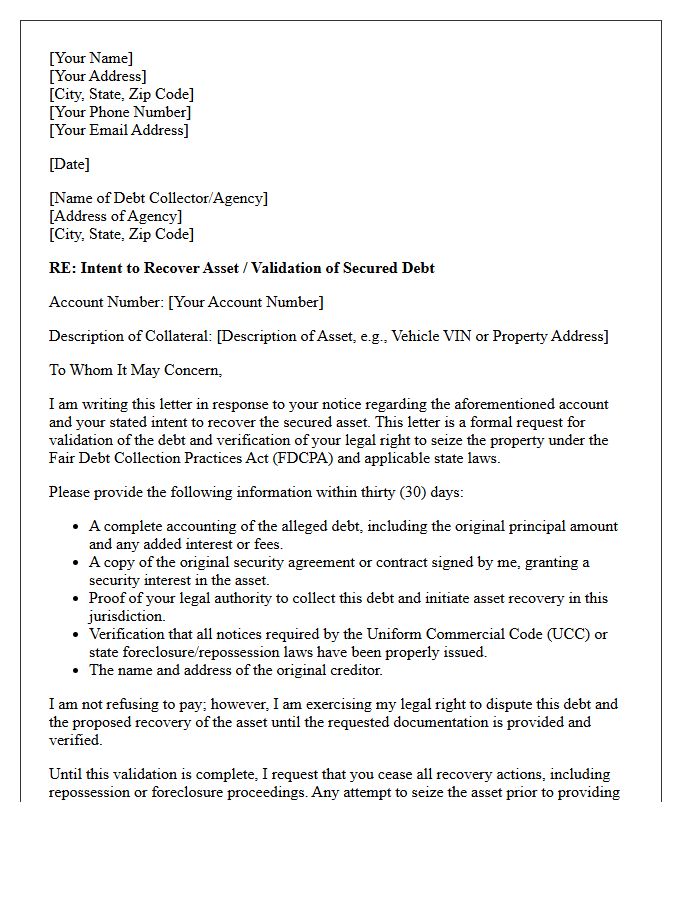Asset Recovery Intent Secured Debt Validation Letter