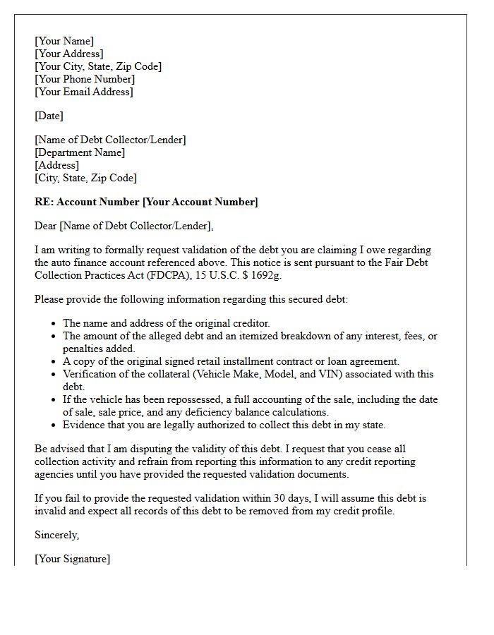 Auto Finance Secured Debt Validation Notice Letter
