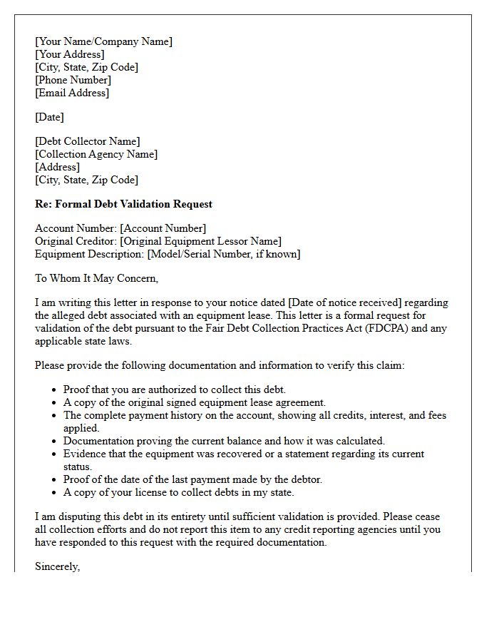 Equipment Lease Secured Debt Validation Notice Letter
