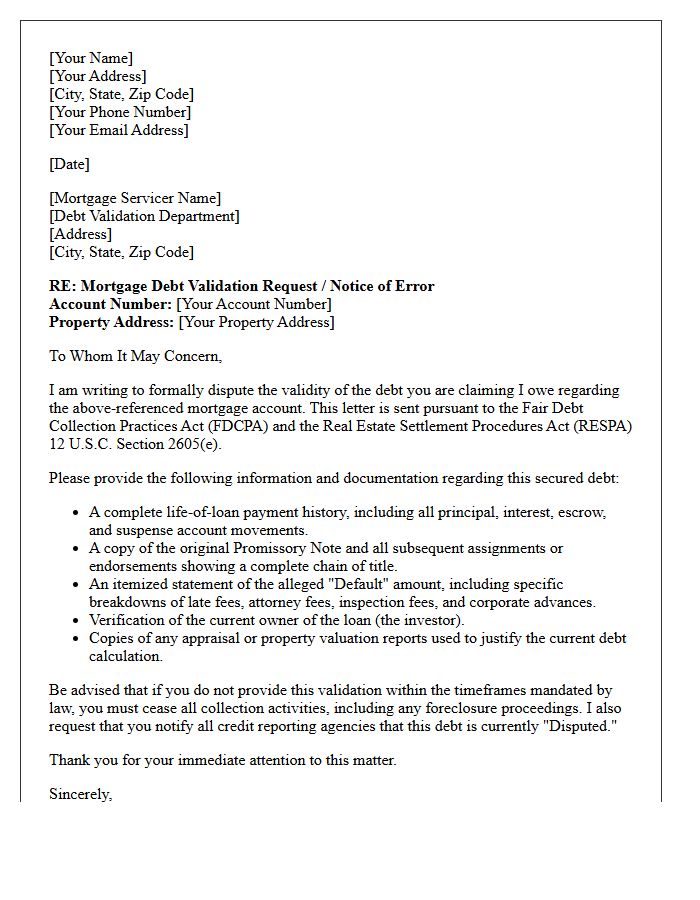 Mortgage Default Secured Debt Validation Letter
