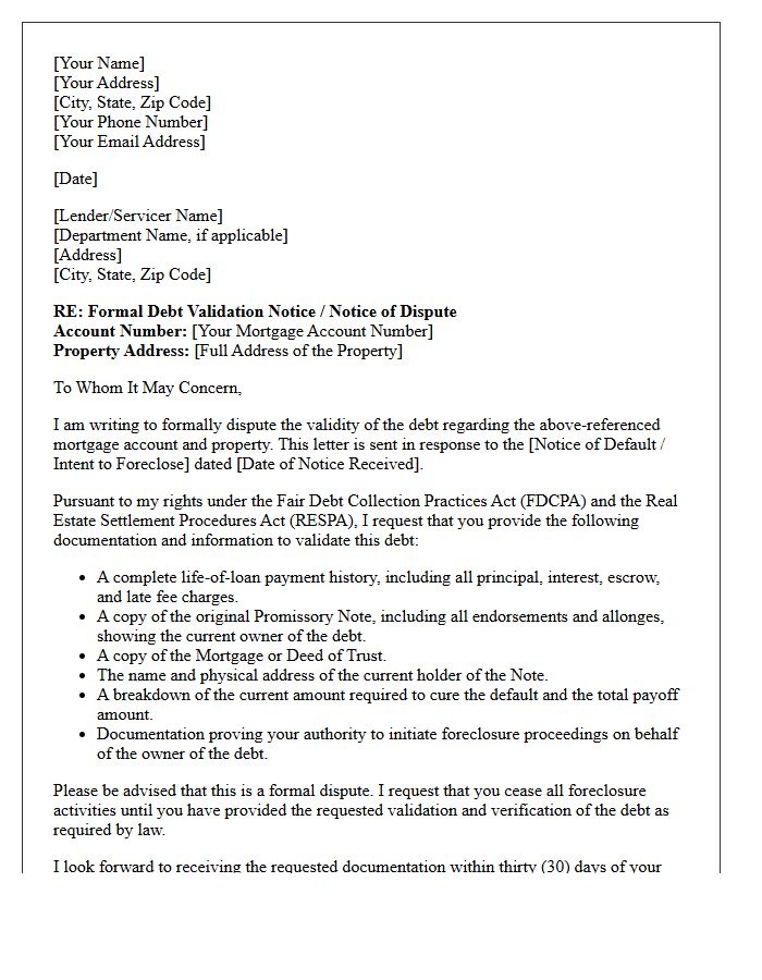 Pre Foreclosure Secured Debt Validation Notice Letter