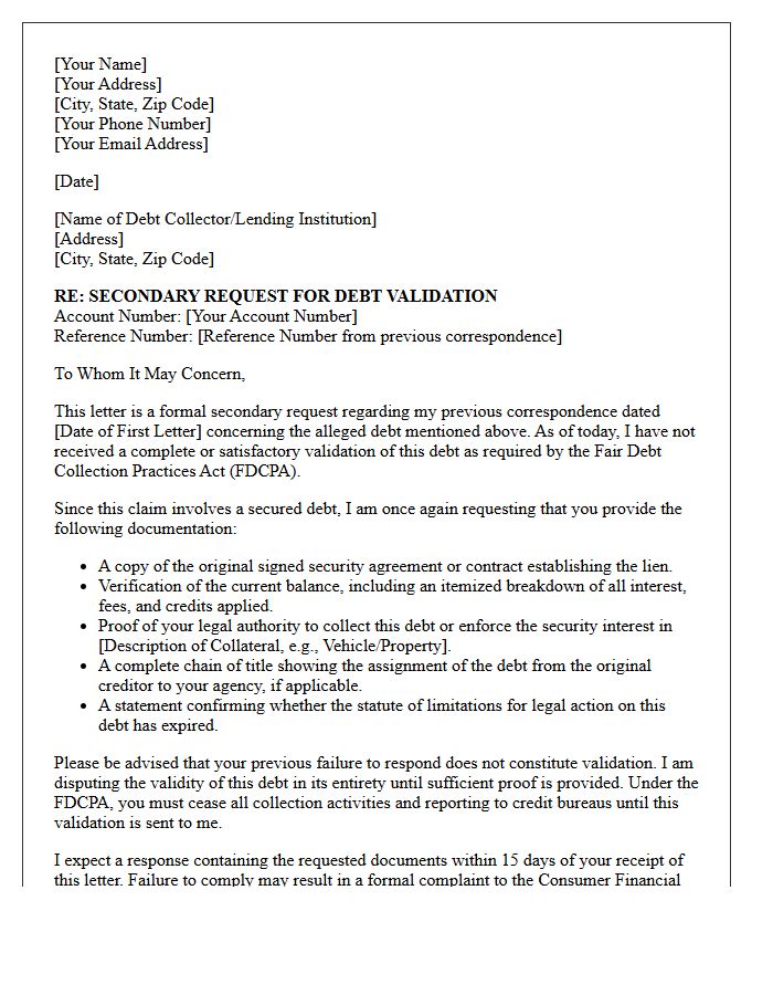 Secondary Request Secured Debt Validation Letter