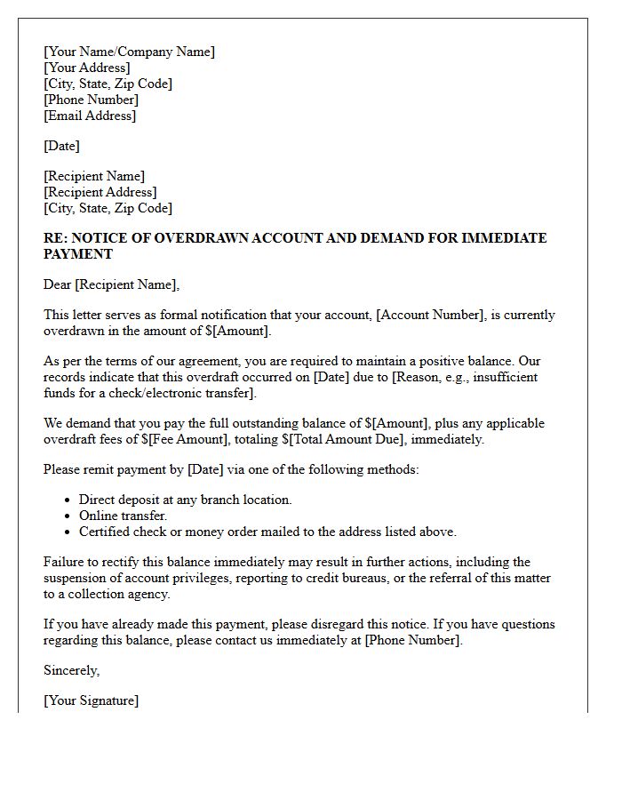 Demand for Immediate Overdraft Payment Letter