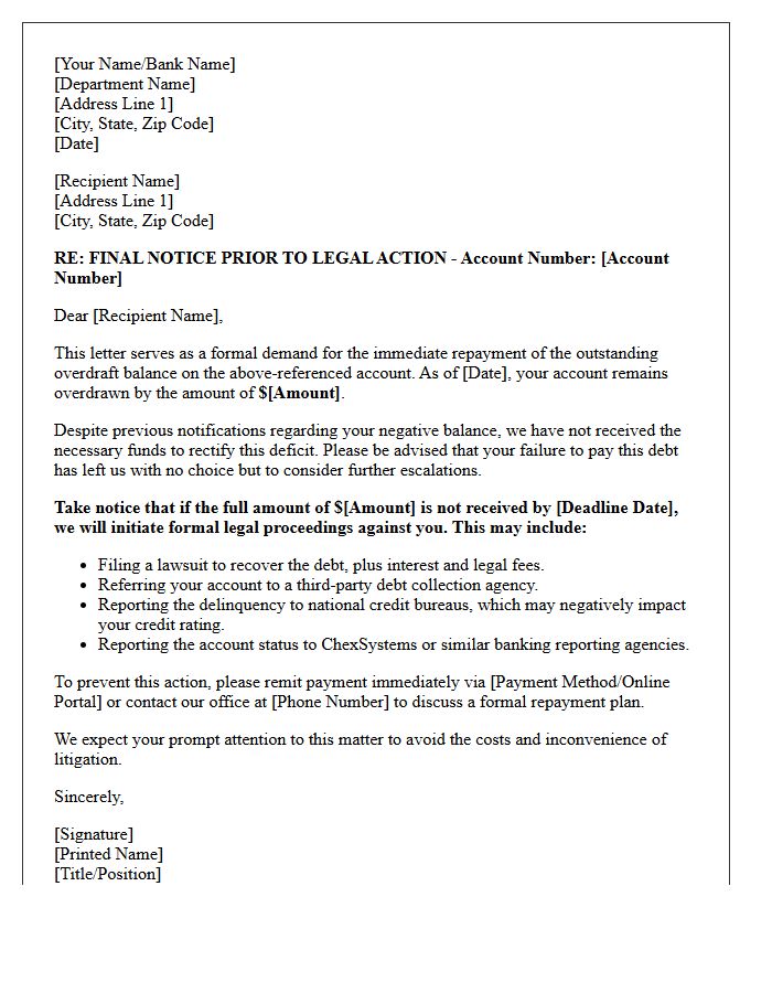 Legal Action Threat for Overdraft Letter