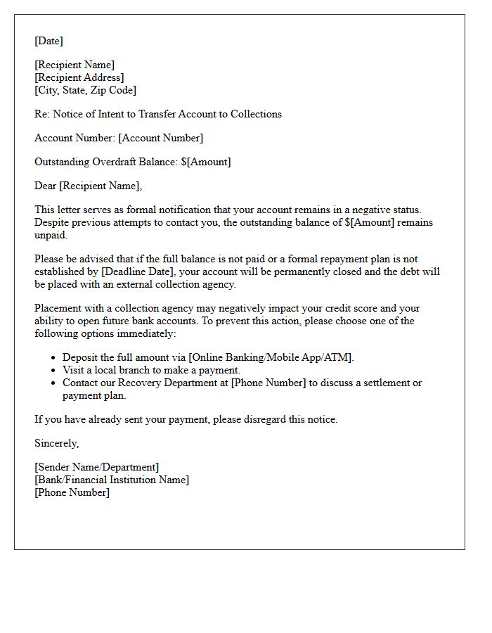 Overdraft Collection Agency Placement Letter