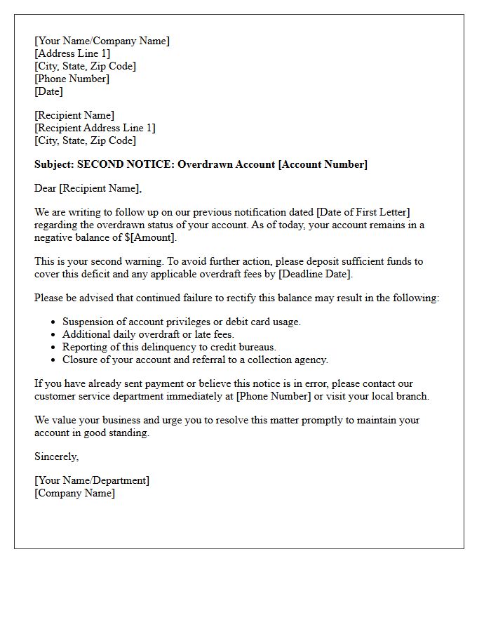 Second Overdraft Warning Letter