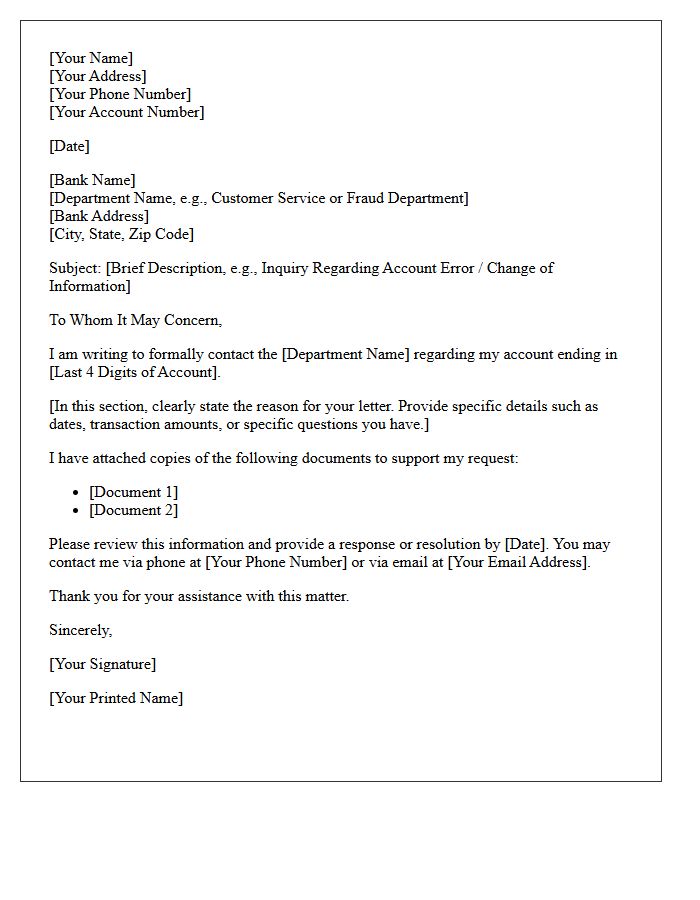 Bank Department Contact Letter Information