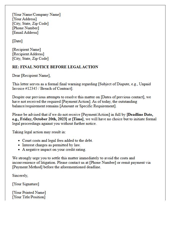 Legal Action Deadline Letter Warning