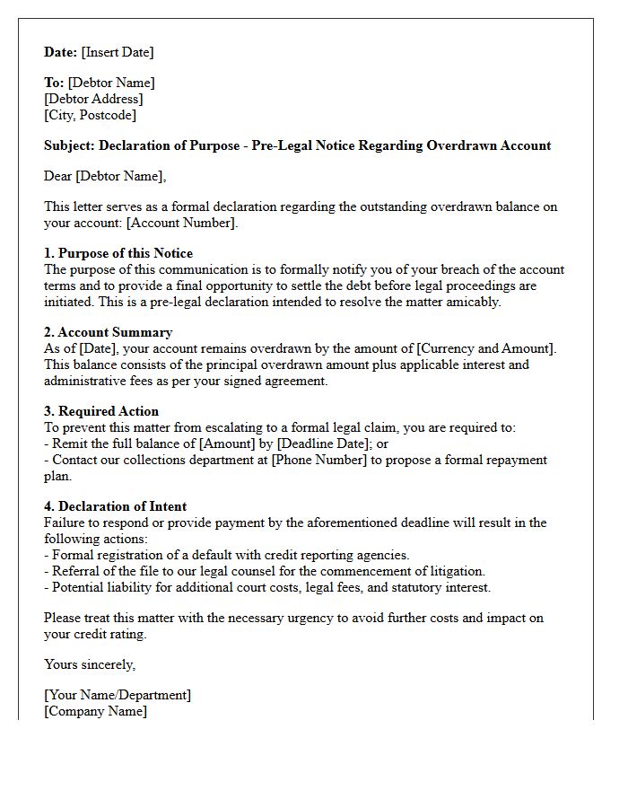 Pre-Legal Overdraft Letter Purpose Declaration