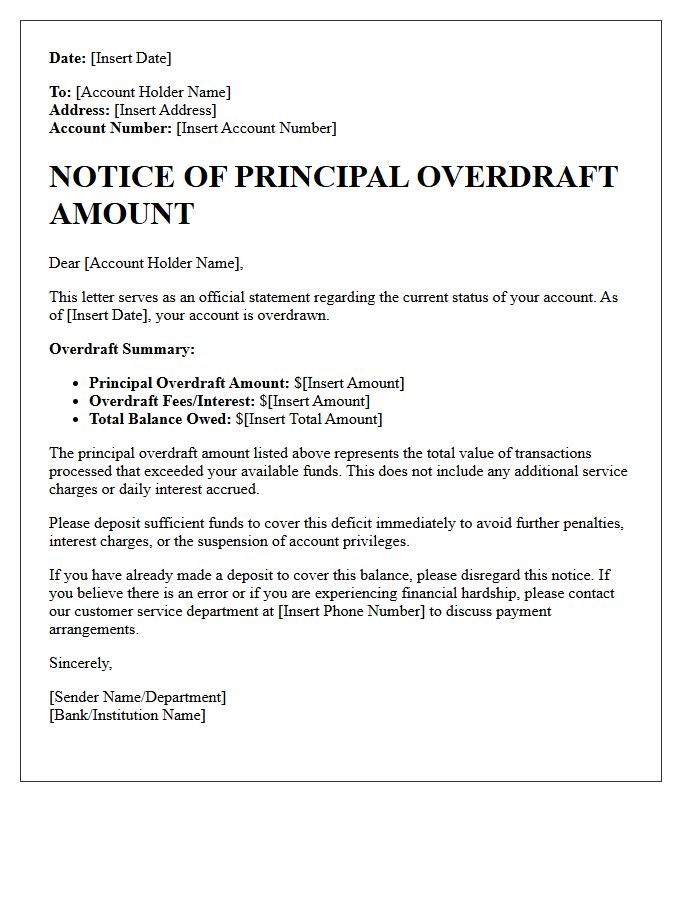 Principal Overdraft Amount Letter Statement