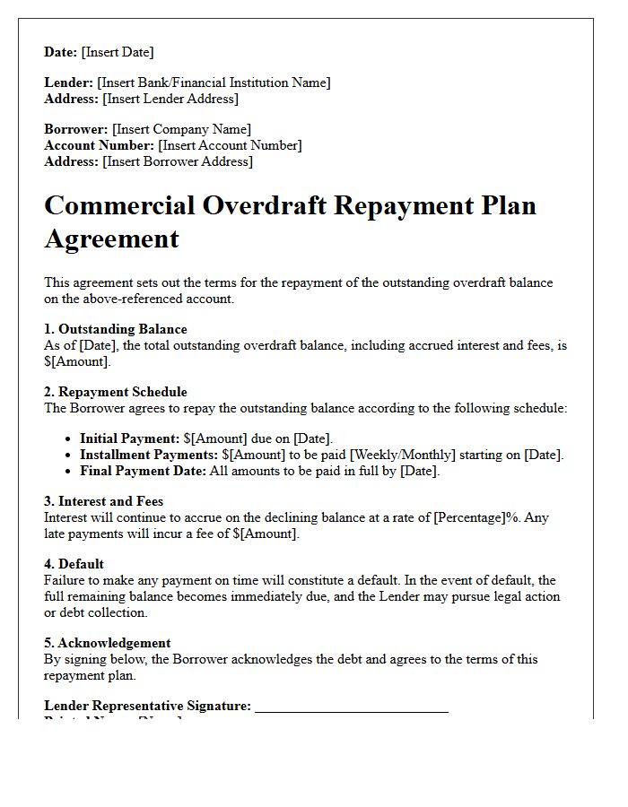 Commercial Overdraft Repayment Plan Agreement Letter