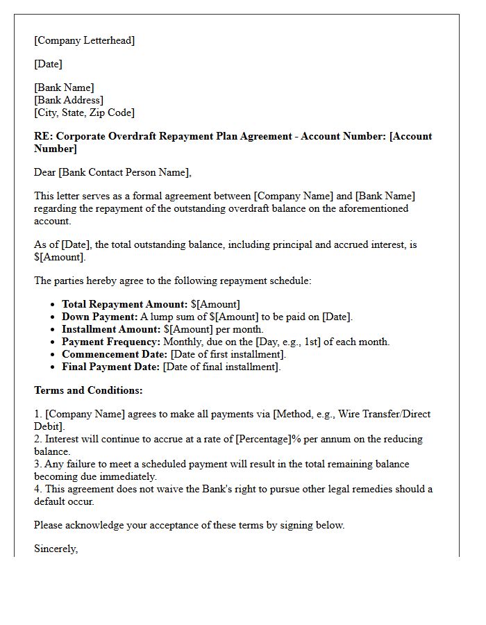 Corporate Overdraft Repayment Plan Agreement Letter