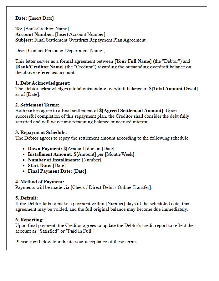 Final Settlement Overdraft Repayment Plan Agreement Letter