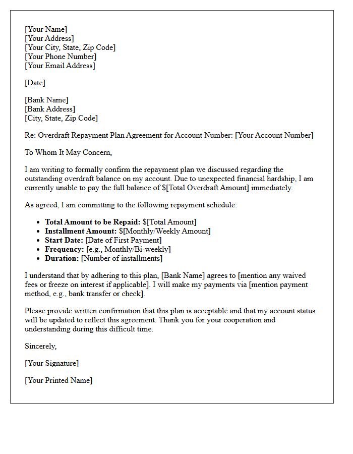 Financial Hardship Overdraft Repayment Plan Agreement Letter