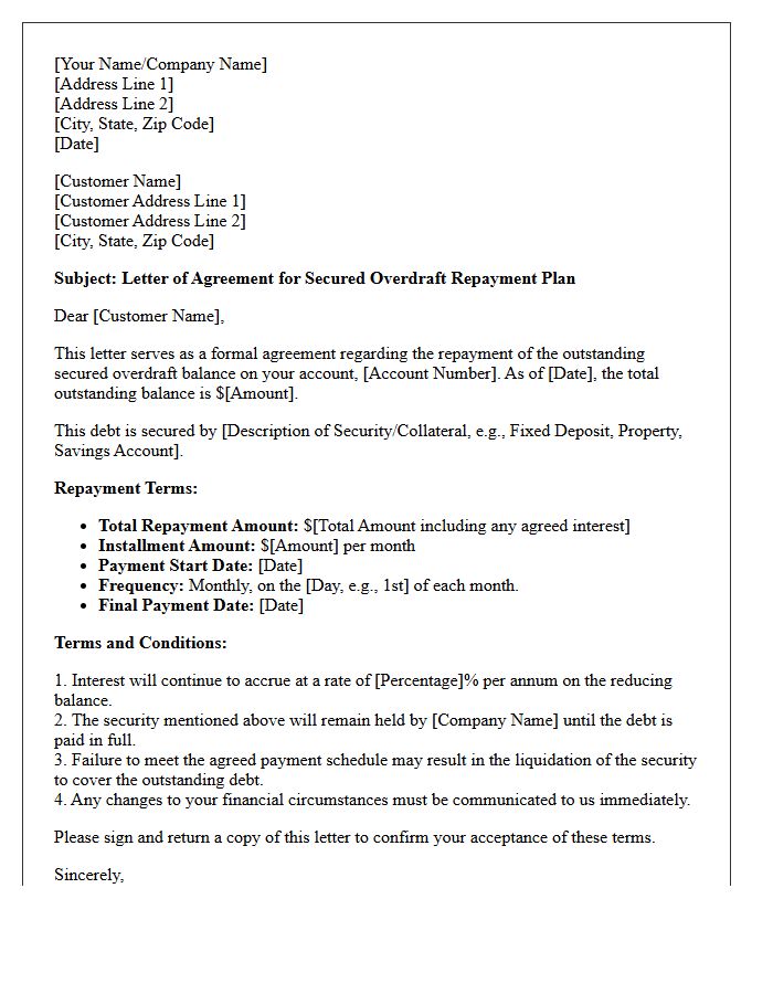 Secured Overdraft Repayment Plan Agreement Letter