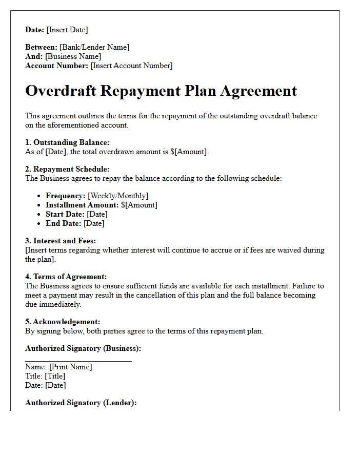 Small Business Overdraft Repayment Plan Agreement Letter