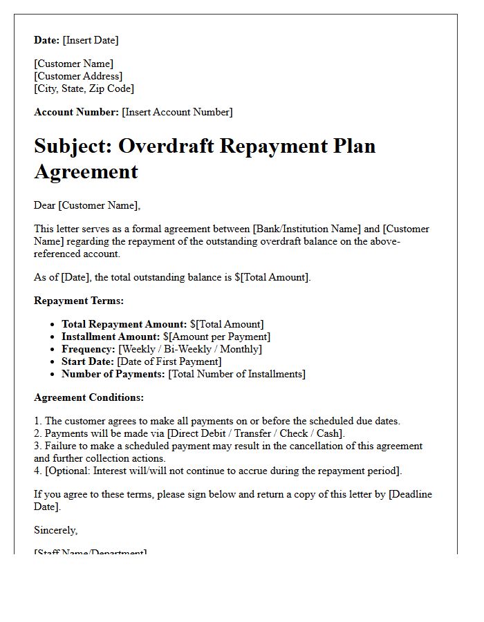 Standard Overdraft Repayment Plan Agreement Letter