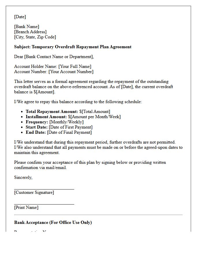 Temporary Overdraft Repayment Plan Agreement Letter