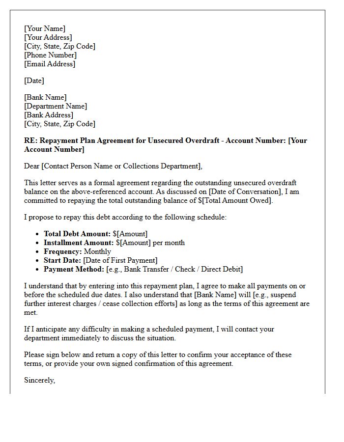 Unsecured Overdraft Repayment Plan Agreement Letter