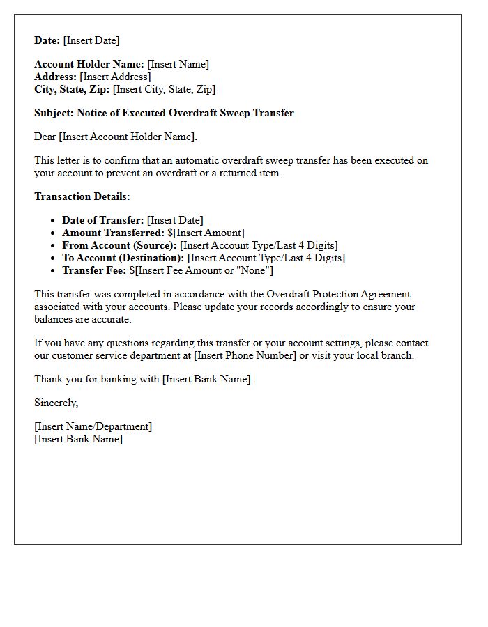 Executed Overdraft Sweep Transfer Confirmation Letter