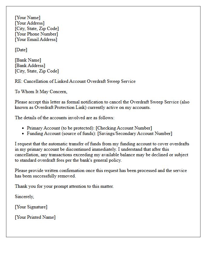 Linked Account Overdraft Sweep Service Cancellation Letter