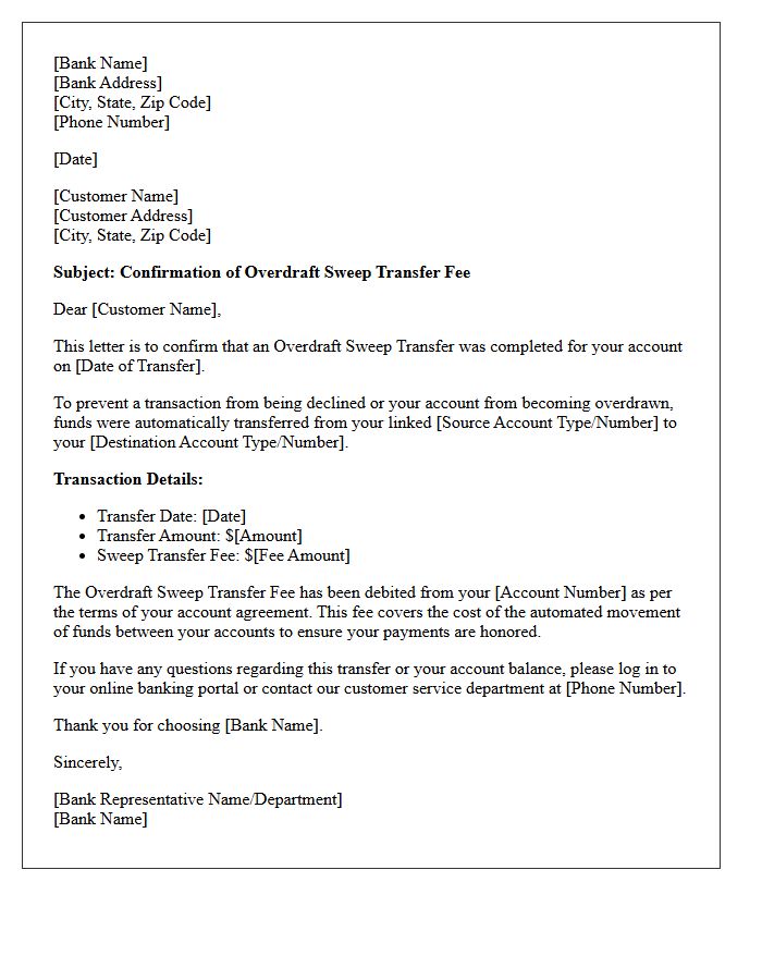 Overdraft Sweep Transfer Fee Assessment Confirmation Letter