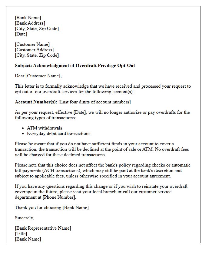 Banking Overdraft Opt-Out Acknowledgment Letter