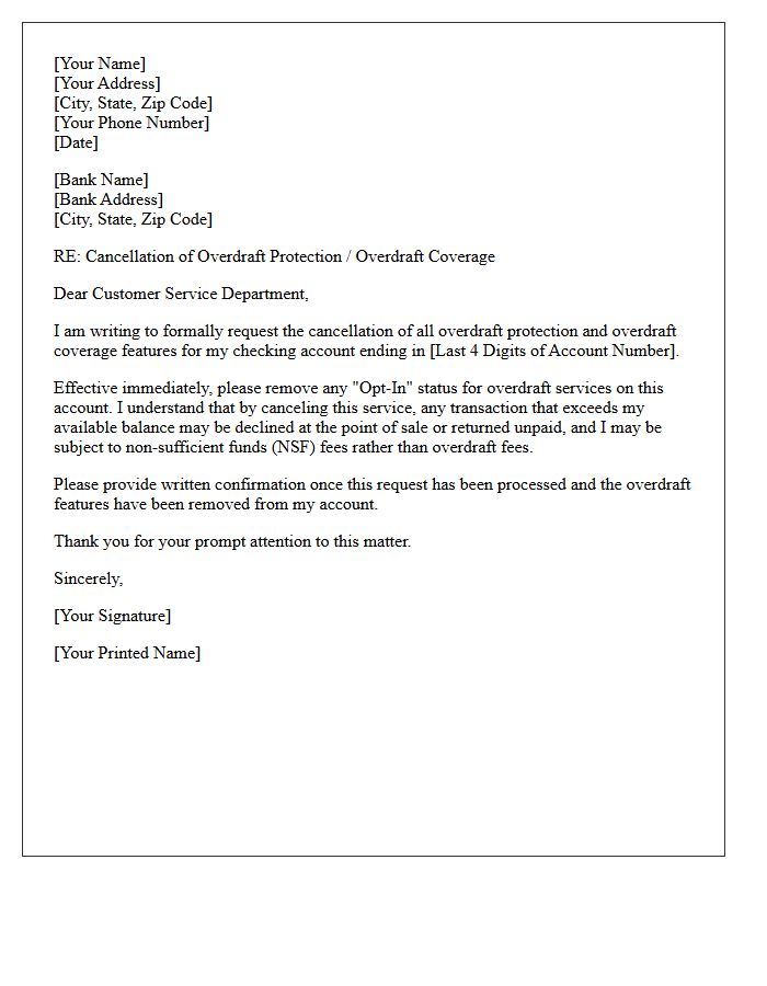 Checking Account Overdraft Cancellation Letter