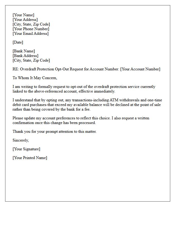 Customer Overdraft Protection Opt-Out Letter