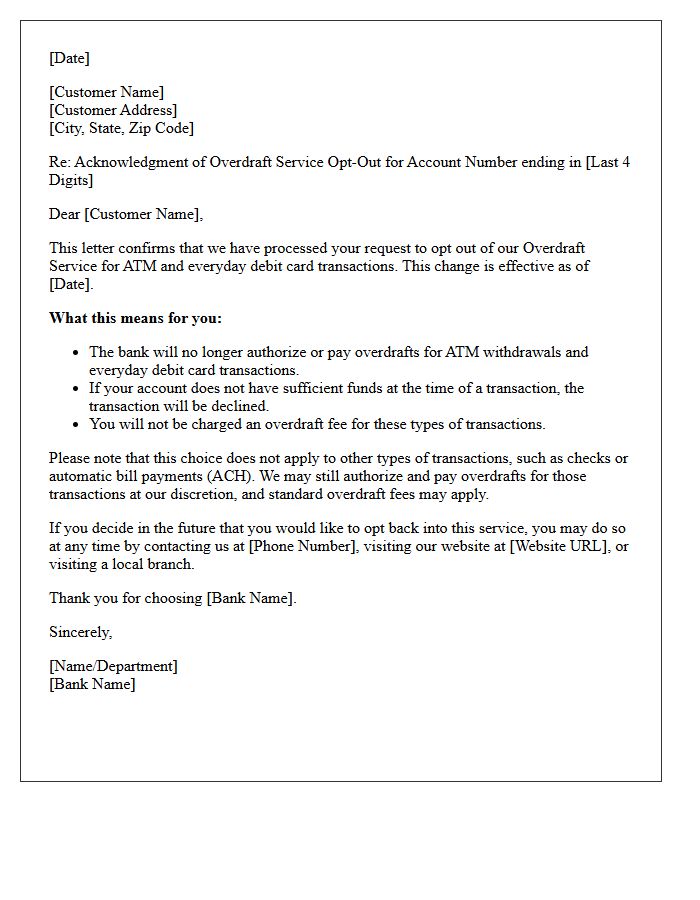 Debit Card Overdraft Opt-Out Acknowledgment Letter