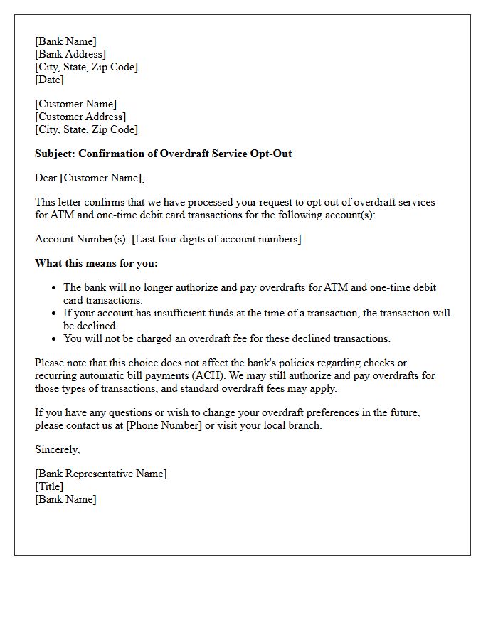 Overdraft Fee Opt-Out Confirmation Letter