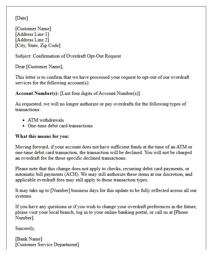 Overdraft Opt-Out Processing Confirmation Letter