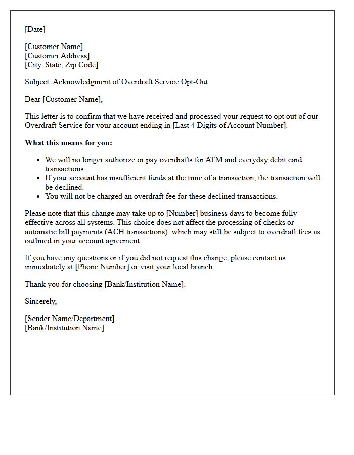 Overdraft Service Opt-Out Acknowledgment Letter
