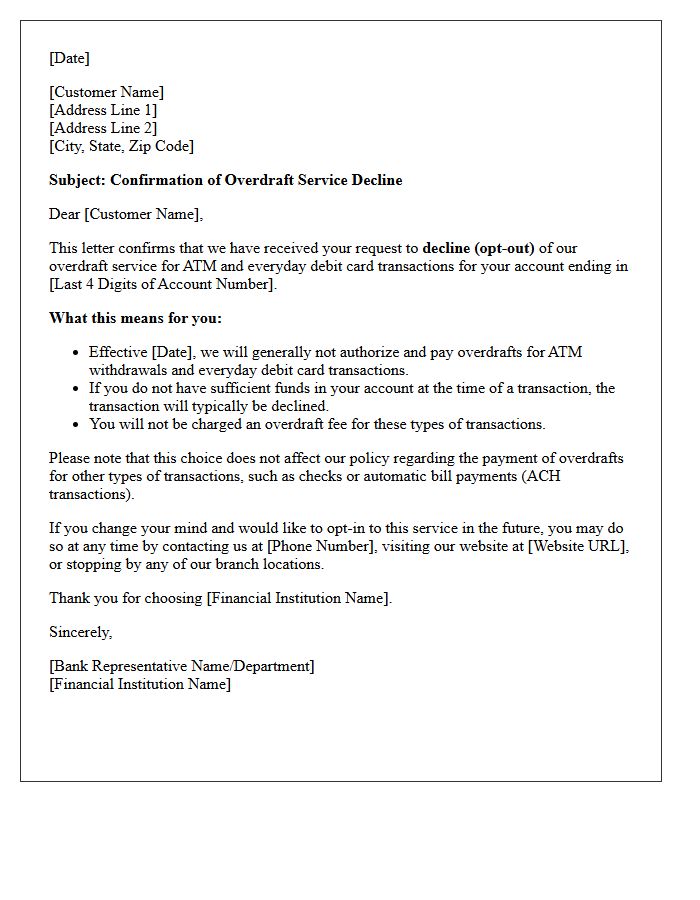 Regulation E Overdraft Decline Confirmation Letter