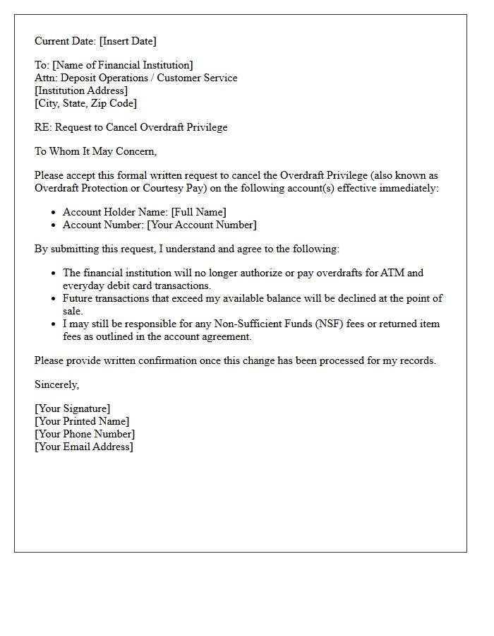 Standard Overdraft Privilege Cancellation Letter