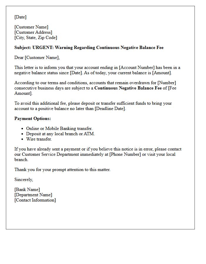 Continuous Negative Balance Fee Imposition Warning Letter