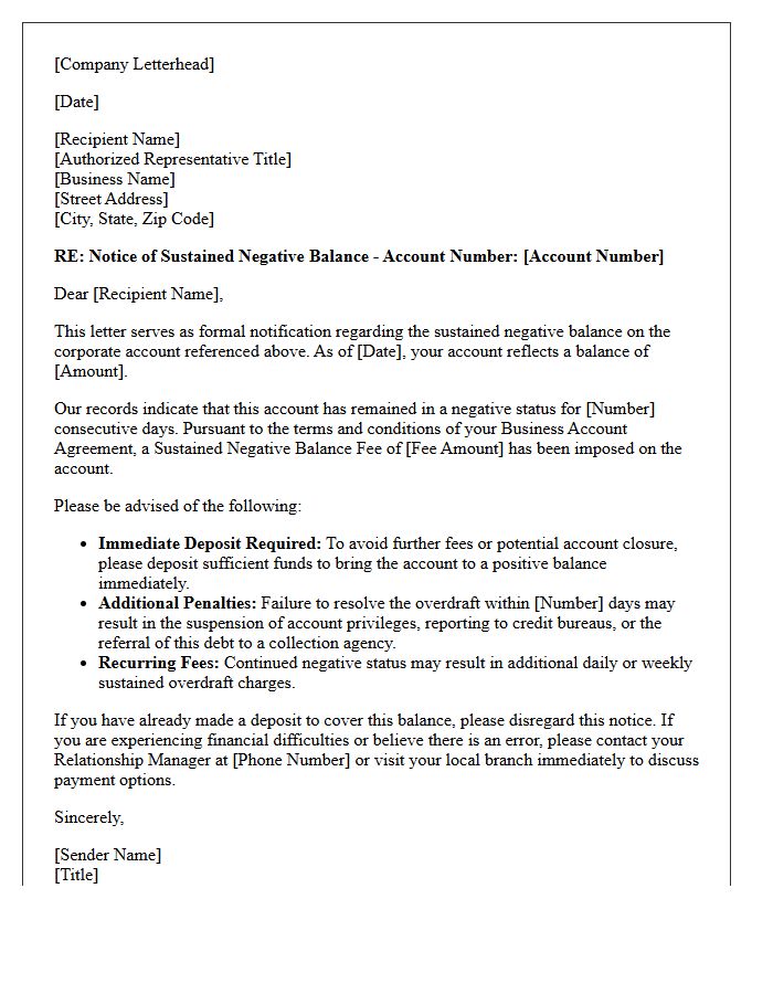 Corporate Account Sustained Negative Balance Imposition Letter