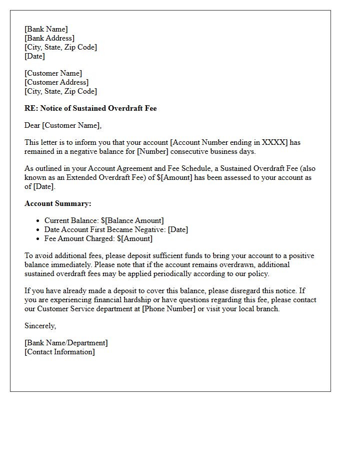 Standard Sustained Overdraft Fee Imposition Notice Letter