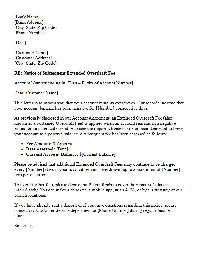Subsequent Extended Overdraft Fee Imposition Notice Letter
