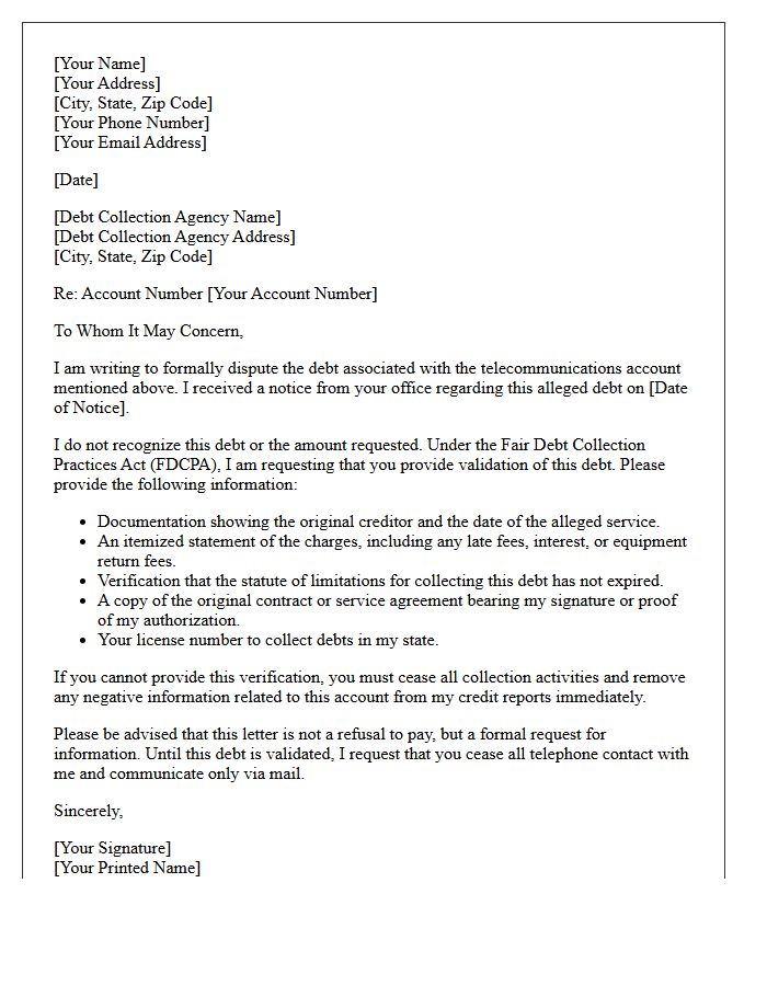 Disputed Telecommunications Charges Debt Validation Letter
